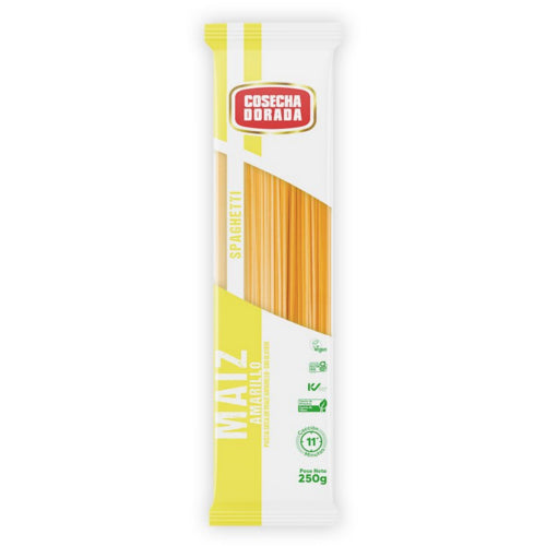 Funda x12 Fideo Spaghetti de Maíz Amarillo Cosecha Dorada Sin Gluten 250g