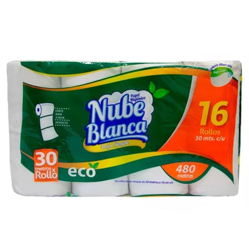 Papel Higiénico Nube Blanca Eco Hoja Simple 30mts x16 Rollos