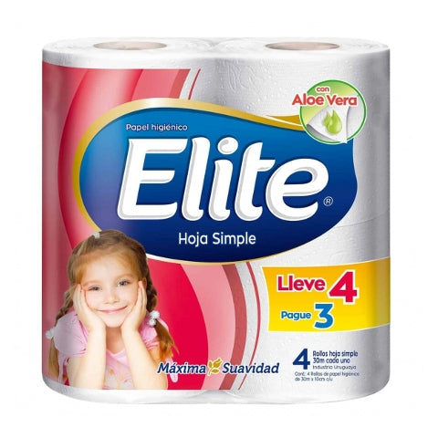 Papel Higiénico Elite Hoja Simple 30mts 4x3 C/Aloe