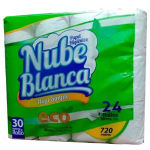 Papel Higiénico Nube Blanca Eco Hoja Simple 30mts x24 Rollos