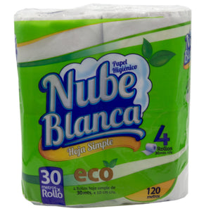 Papel Higiénico Nube Blanca Eco Hoja Simple 30mts x4 Rollos